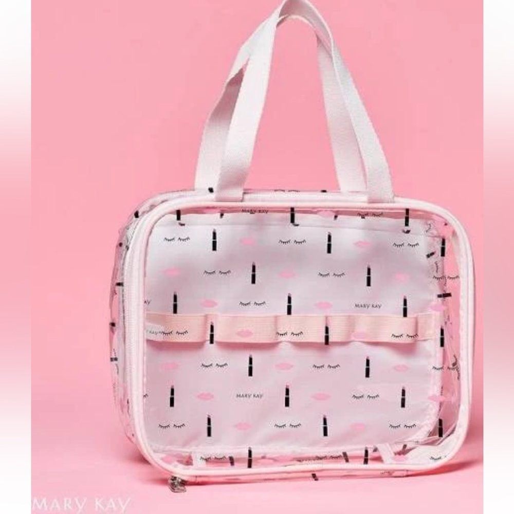NWT Mary Kay Pink Clear Travel Cosmetic Case Carry Handles Zip Around - Picture 3 of 3